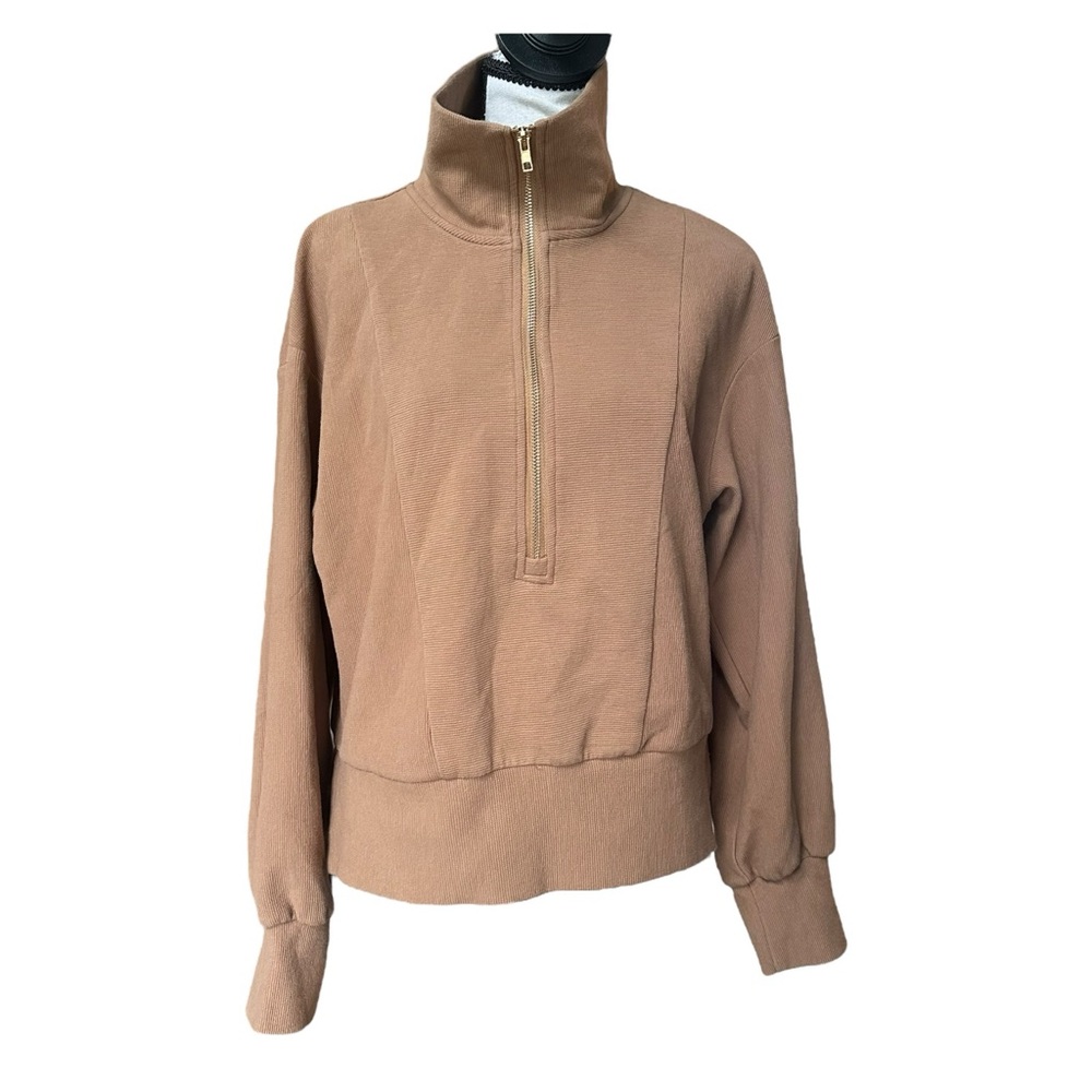 Anrabess Funnel Neck Half Zip Ribbed Pullover Sweater Small Brown Slouchy Fit